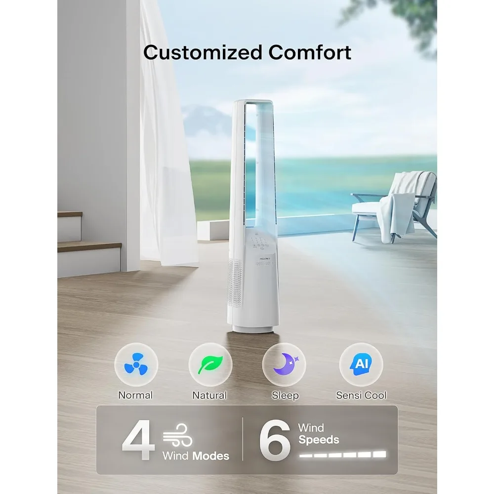 

Bladeless Tower Fan with 26-33ft Powerful Airflow, Alexa and Google Compatible, 6-Speed Settings, Quiet DC Motor, 120°
