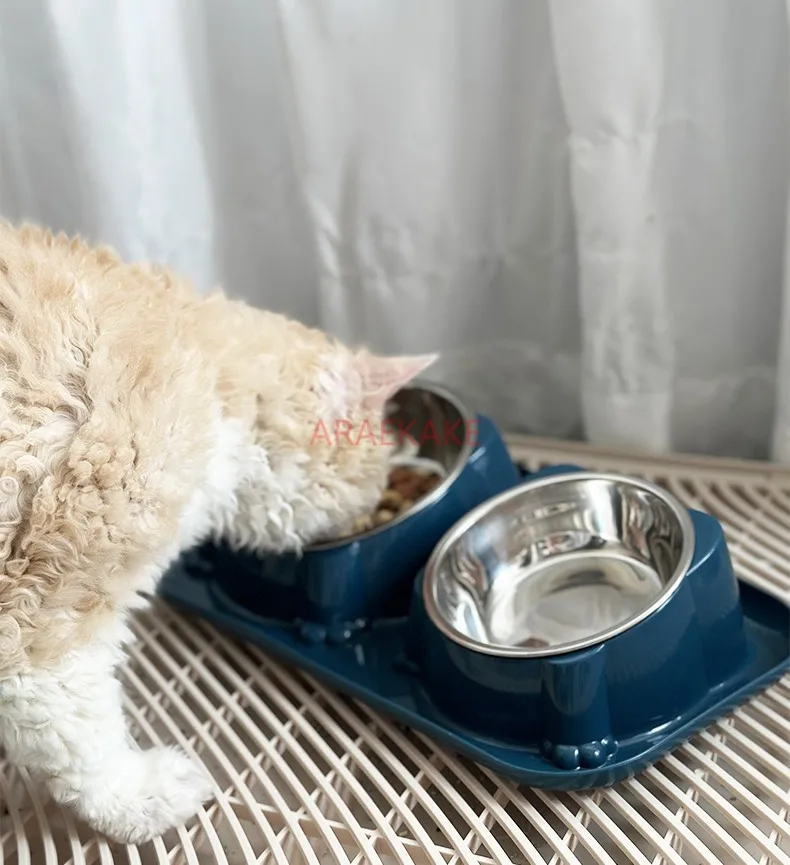 

Double Dog Food Bowl Stainless Steel Anti Overturning Cat Drinking Water and Feeding Bowl Oblique Mouth Pet Supplies