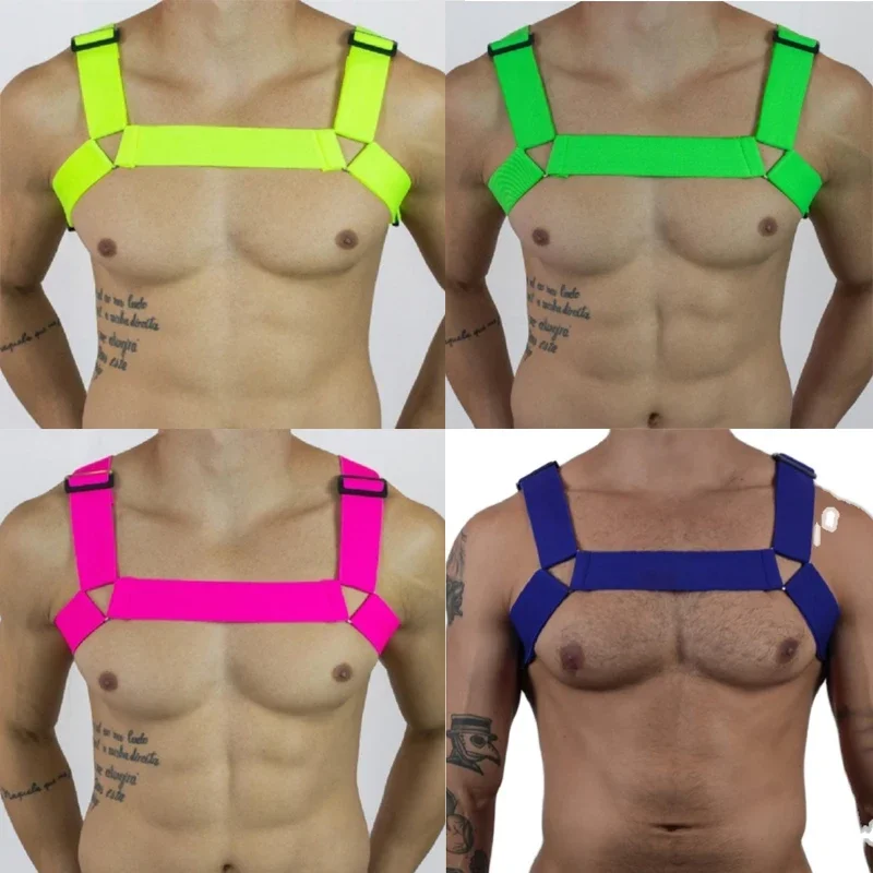 

Fluorescent Color Male Elastic Band Harness Men Sexy Shoulder Straps Chest Bondage Muscle Club Party Hollow Costume XS3468