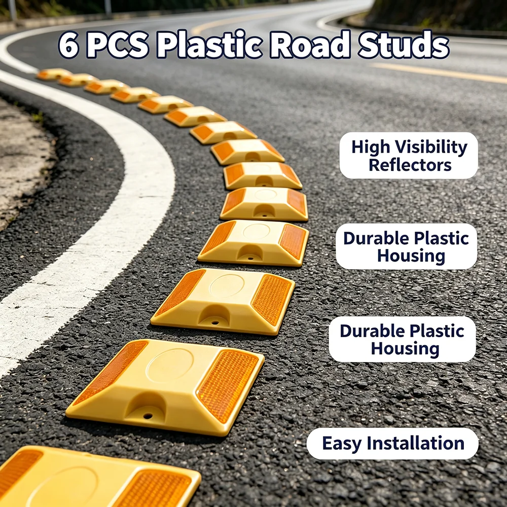 6pcs Reflective Studs Durable Plastic Raised Night Visibility Driveway Reflectors Road Markers Heavy Duty Traffic Safety Road