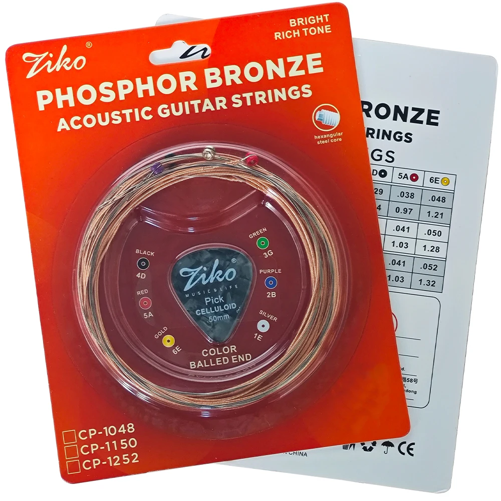 ZIKO Folk Guitar Strings Phosphor Bronze Acoustic Guitar Strings High Carbon Steel Hex Core Balanced Tone for Stage Practice