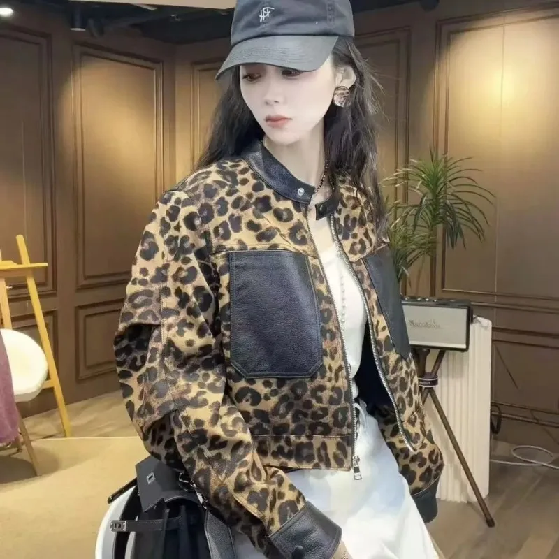 Vintage PU Leather Patchwork Jacket Leopard Print Bomber Jacket Women Zip Short Coat Spring Autumn Pocket Tops Outerwear Trend