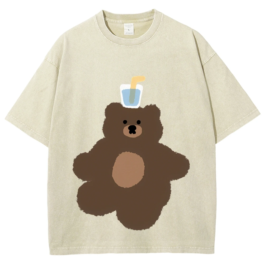 

Trendy Y2K Women's Short Sleeve Vintage Snowflake Washed T-Shirt Cute little bear water cup design Classic Women's Short Sleeve