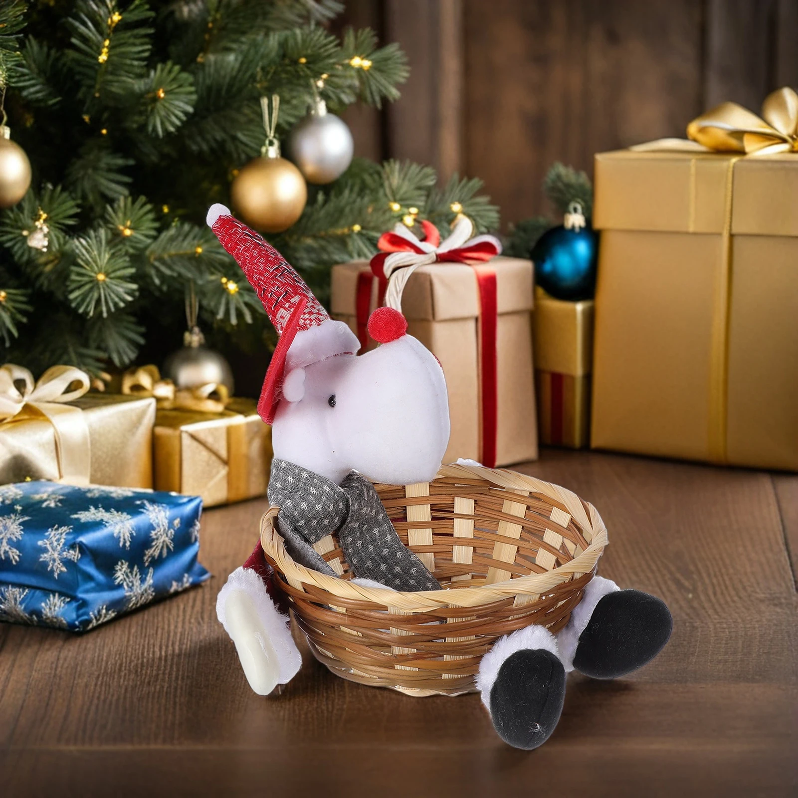 

Christmas Woven Basket Reindeer Claus Design Holiday Treat Bowl Table Centerpiece Coffee Desk Decor Storage Organizer