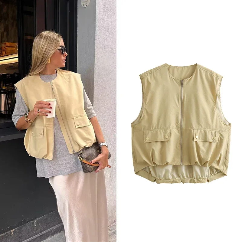 

Women Fashion With Pockets Pleated Front Zipper Vest Sleeveless Jackets Vintage O-Neck Waistcoat Female Chic Tank Tops