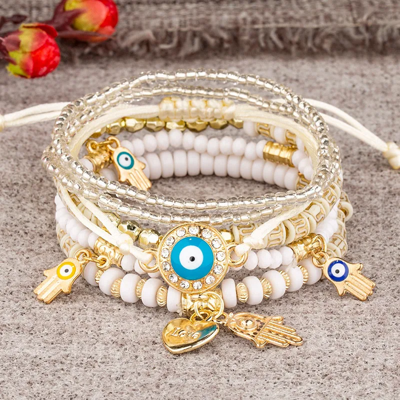 Bohemian Blue Eye Multilayer Rice Beads Bracelets Set For Women Fashion Stacked Wrist Accessory Jewelry Gifts Casual Party Wear