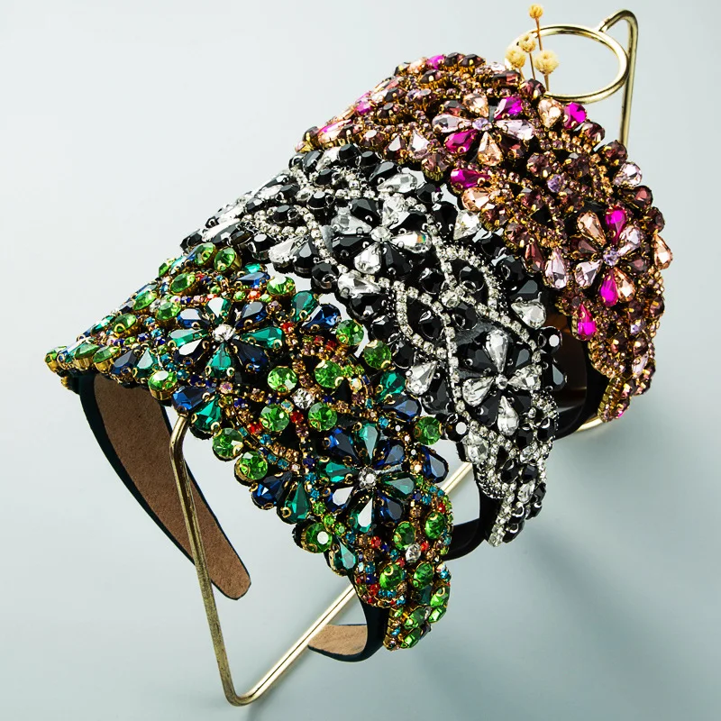 

Heming headband cross-border supply wholesale Baroque retro wide-edge colored glass drill flower fabric heavy industry headband