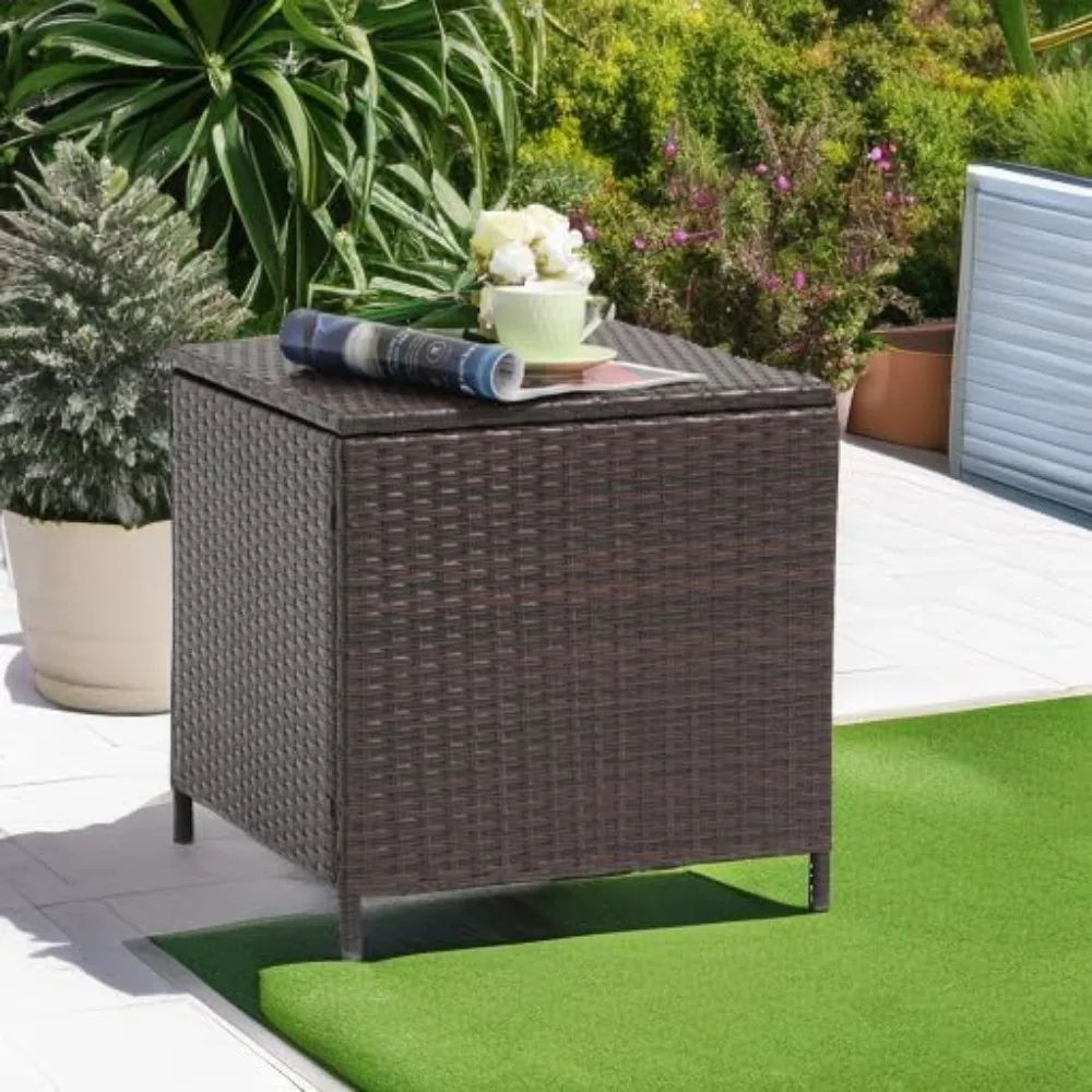 

Outdoor Wicker Side Table, Small Storage Rattan Wicker End Table, Square Resin Coee Table or Garden Porch Deck Living Room Backy