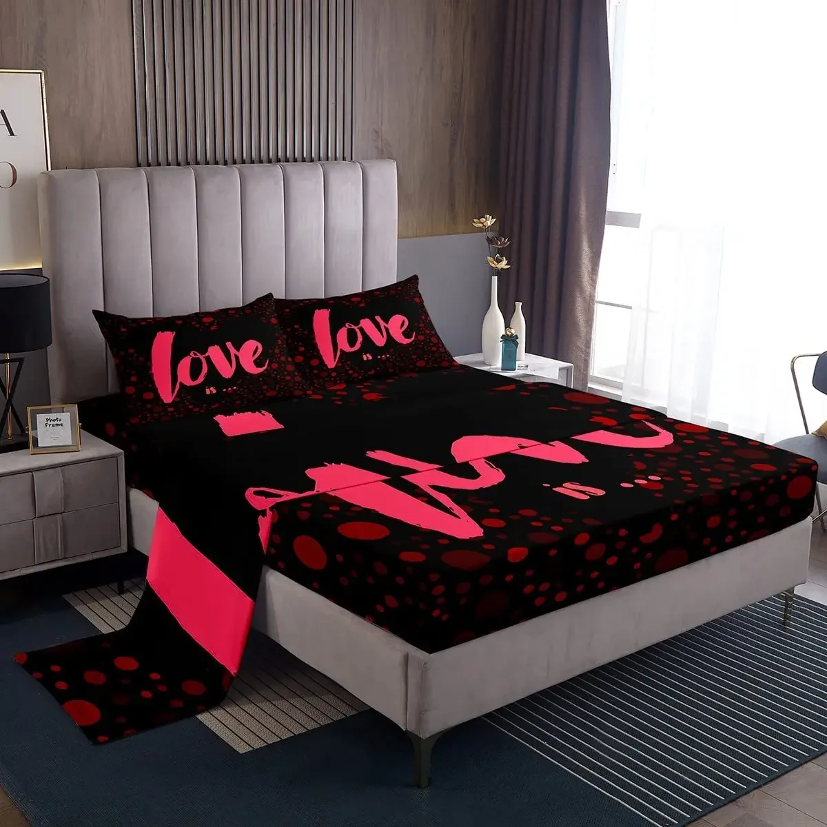 Couple Sheet Set Love Heart Bedding Sets for Kids Girls Women Happy Valentine's Day Sheet Set Romantic Wedding King Queen Size