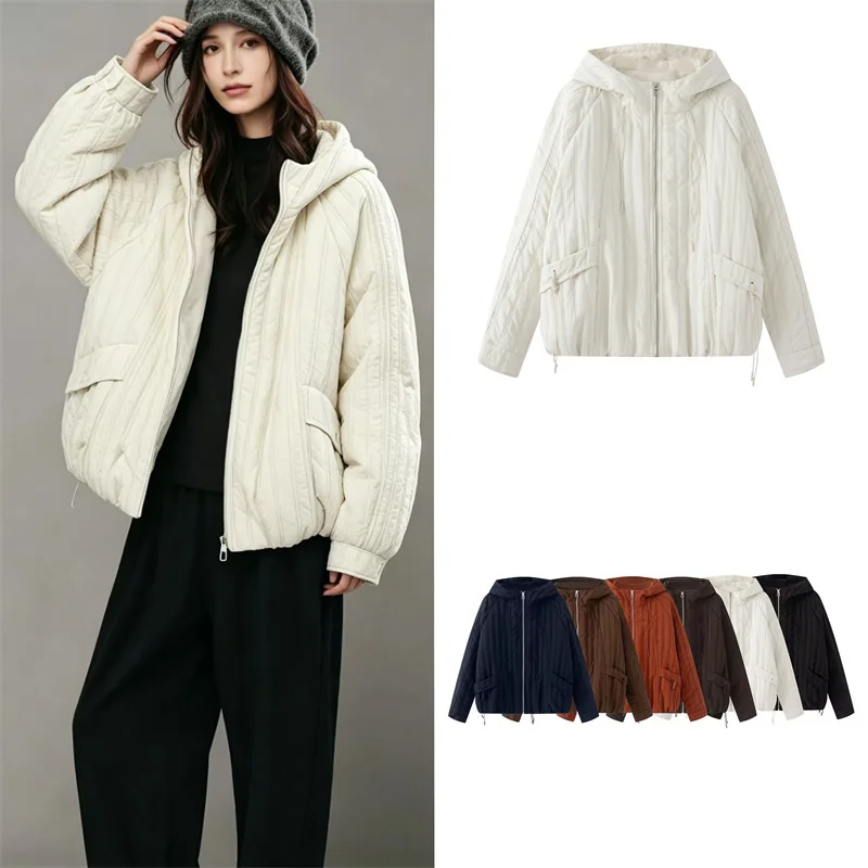 Guobioziy Women's Jacket 2026 Fall/Winter New Arrival Fashion Long-Sleeve Hooded Loose Warm Cotton Coat with Big Pockets