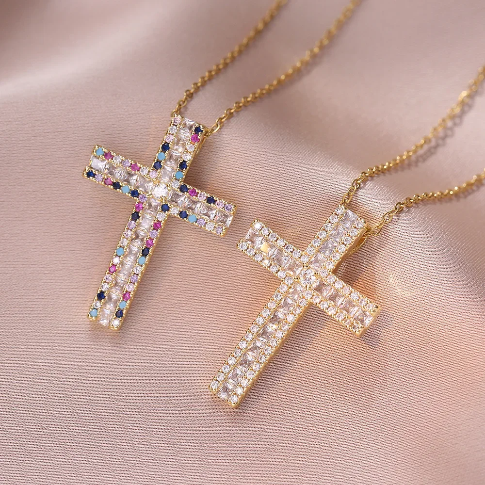 Fashion Hip Hop Colorful Zircon Cross Pendant Necklaces for Women Girls Stainless Steel Romantic Jewelry Gift for Birthday Party