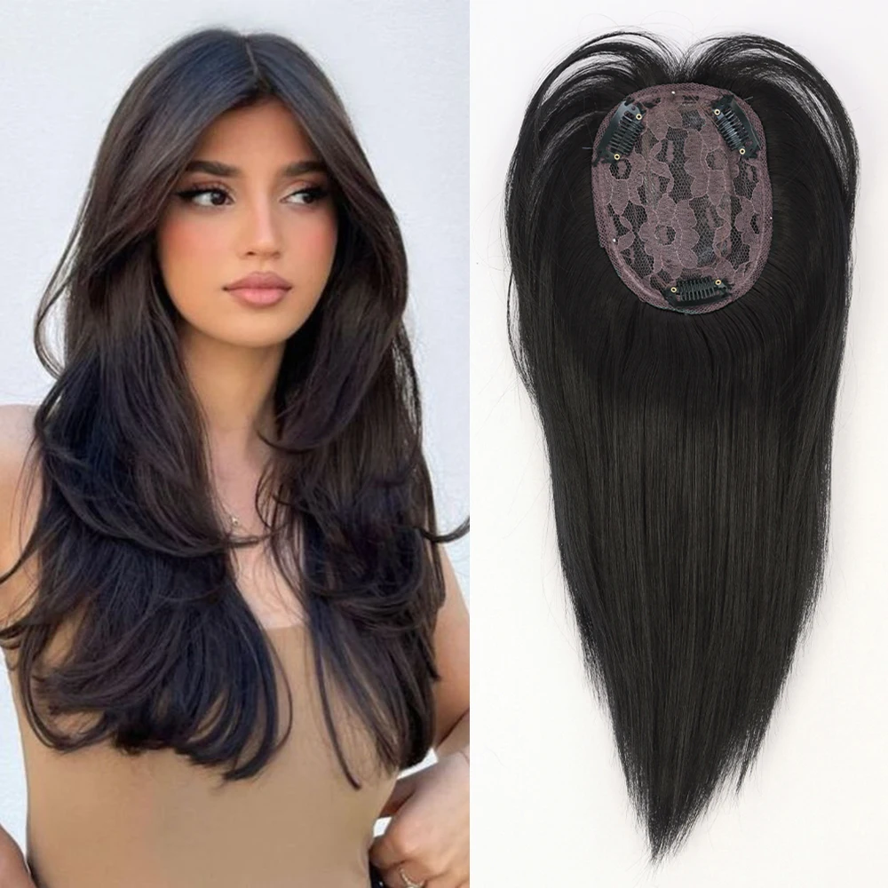 Synthetic 3 Clips In Topper Straight Hairpiece Black Brown Women Fake Hair Clip In Hair Extensions With Bangs Fake Hairpiere