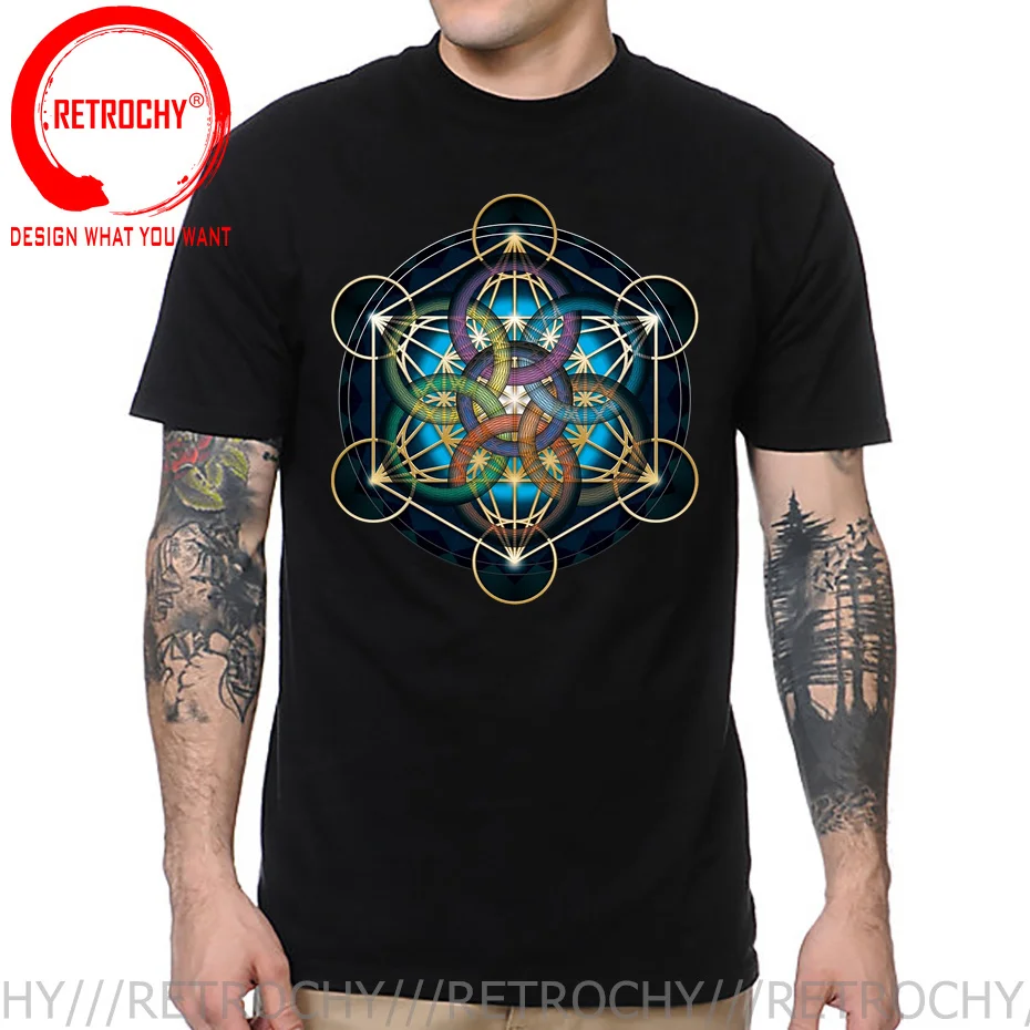 Galaxy Metatrons Cube Flower Of Life Tops T Shirt Men\'s Cotton Crazy T-Shirt Sacred Geometry Magic Mandala Tee Fitness tshirt