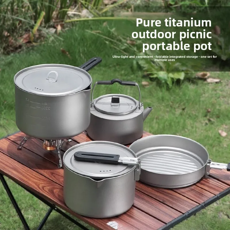 Lightweight Pure Titanium Pot Set, Outdoor Camping Cooking Kit, Portable Tableware & Water Kettle for Wild Field Campsite Use