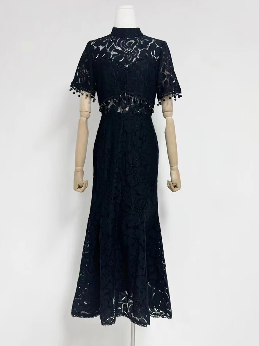 VGH Abito aderente con ricamo impiombato sexy per donna Colletto alla coreana Manica corta Vita alta Patchwork Nappa Abiti trasparenti Donna