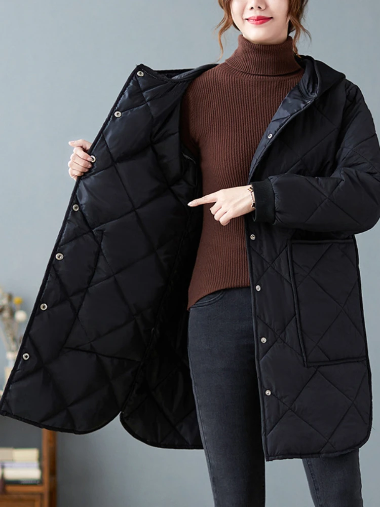 

Winter Jacket Women Nice Korean Fashion Jacket for Women Long Black Loose Warm Plaid Top Casual Vintage Quilted Coats Female