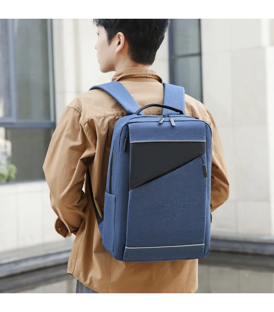 Navy diagonal black patch laptop backpack anti splash stylish design for young men daily business casual use