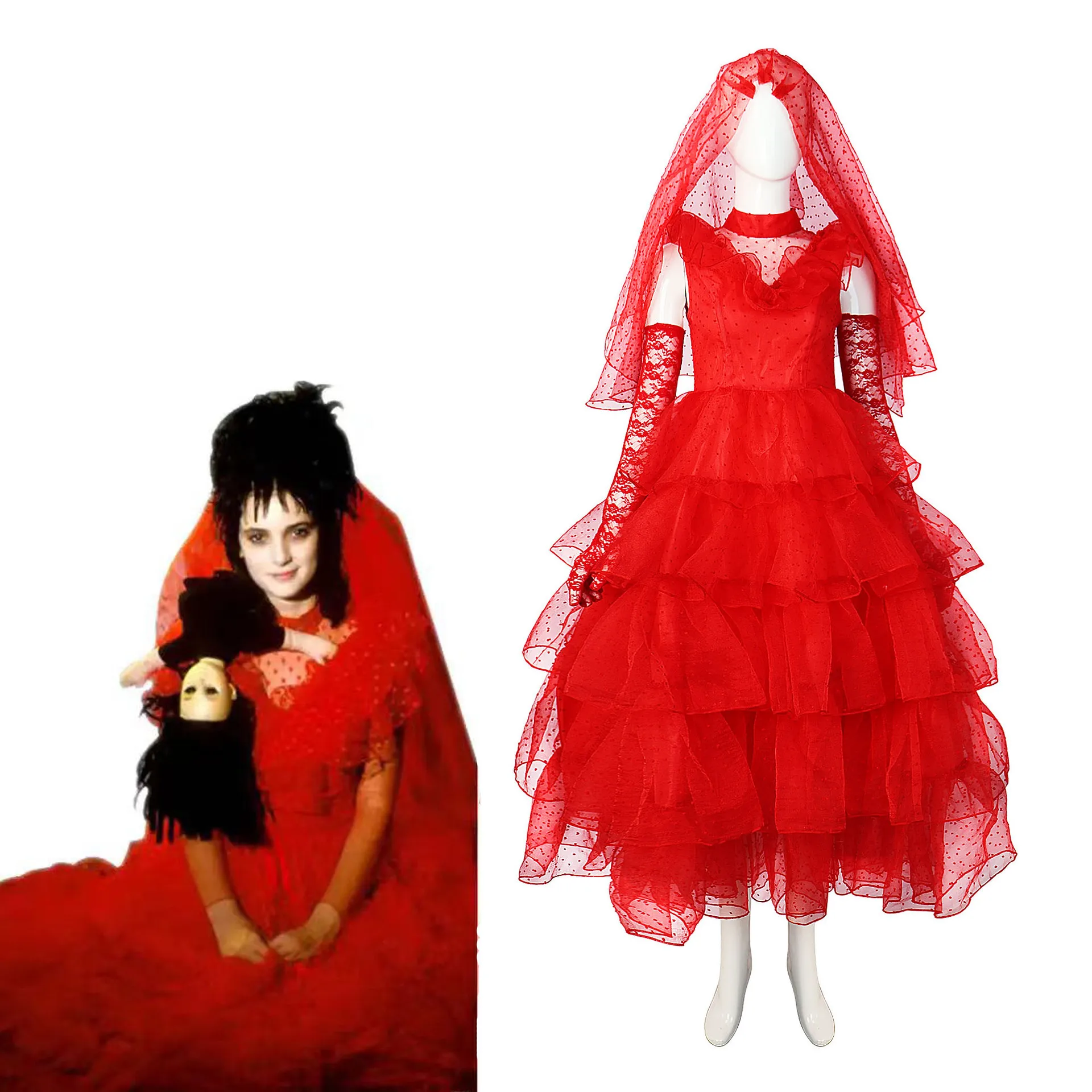 Disfraz de Lydia Deetz, incluye guantes y bufanda, vestido de novia Lydia para mujer, vestido rojo gótico, disfraz de Halloween, incluye velo