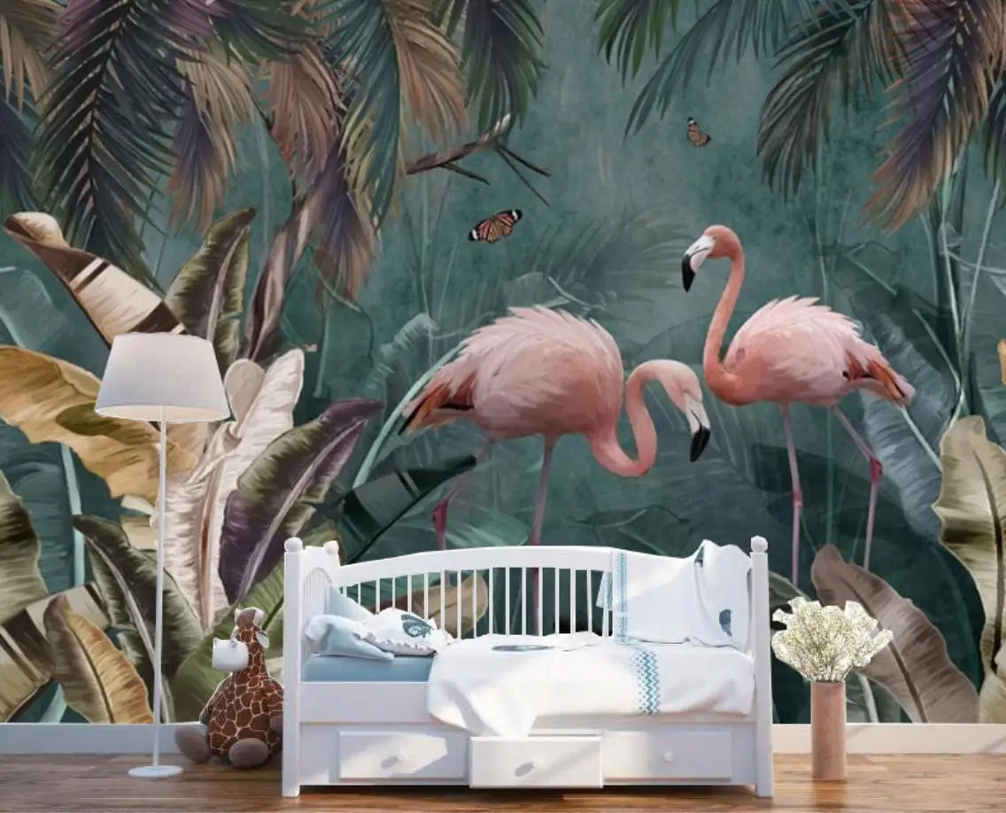 Papel tapiz personalizado con plantas del sudeste asiático, flamencos, mariposas, flores, decoración del hogar, dibujos animados de animales, pintura colgante, papel tapiz