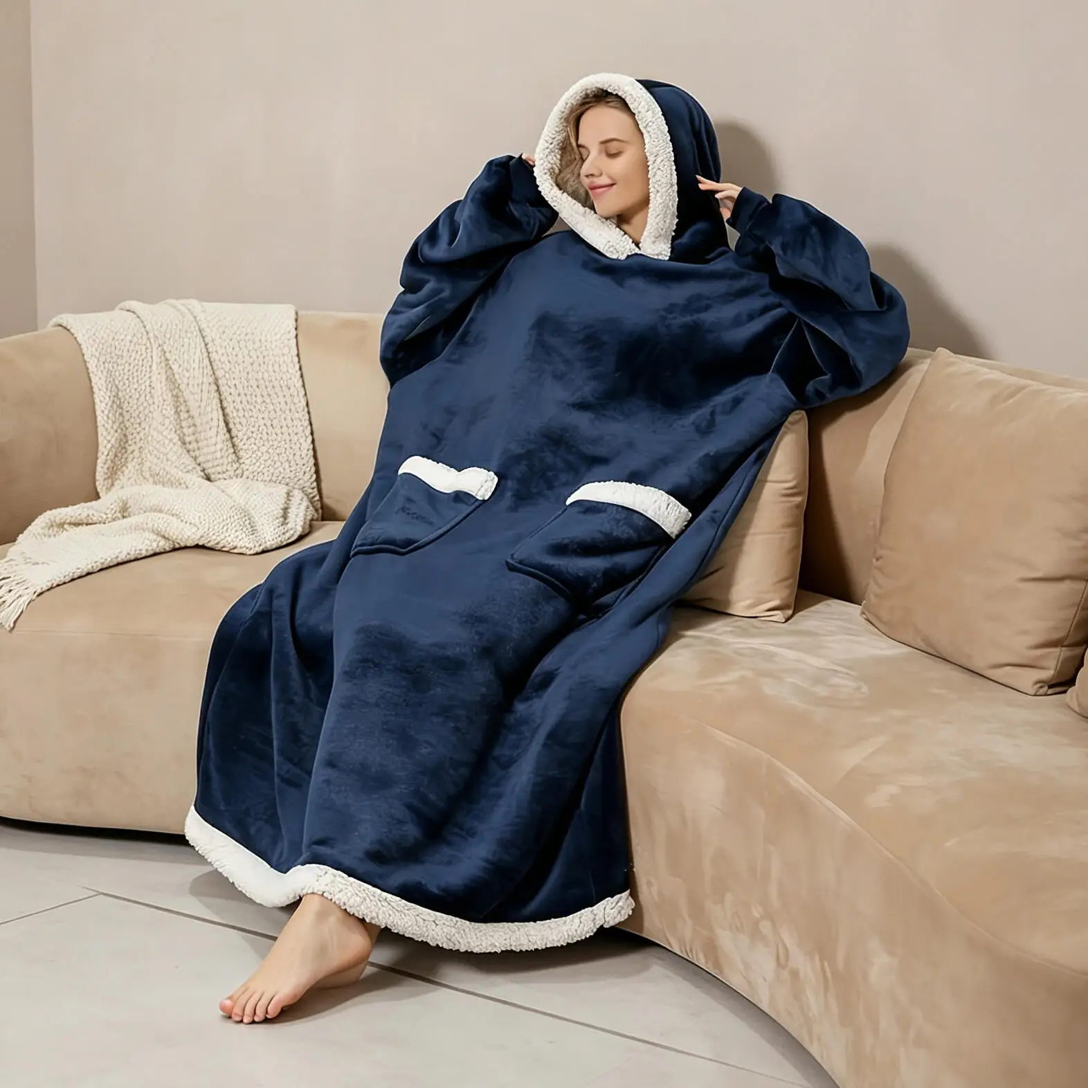 Wearable Hooded Blanket With Sleeves Winter Fluffy Sherpa Pullover Oversized Hoodies Sweatshirt Women Men 120/150cm