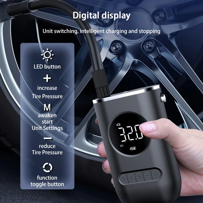 

Портативный беспроводной автомобильный насос для накачивания, удобная зарядка, электрический автоматический насос для накачивания шин для мотоциклов и трехколесных велосипедов