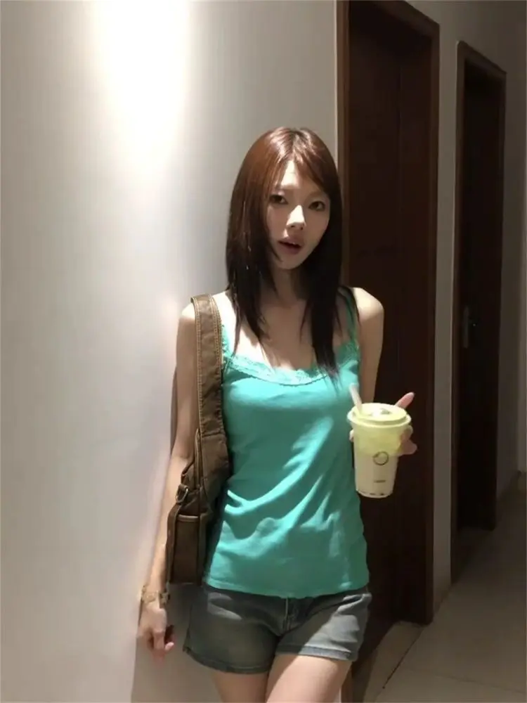 Kimotimo Spicy Girl Lace Patchwork Camisole Vest Summer Sweet Sleeveless Slim Chic Base Corset Tops Sexy Y2k Aesthetic Tanks