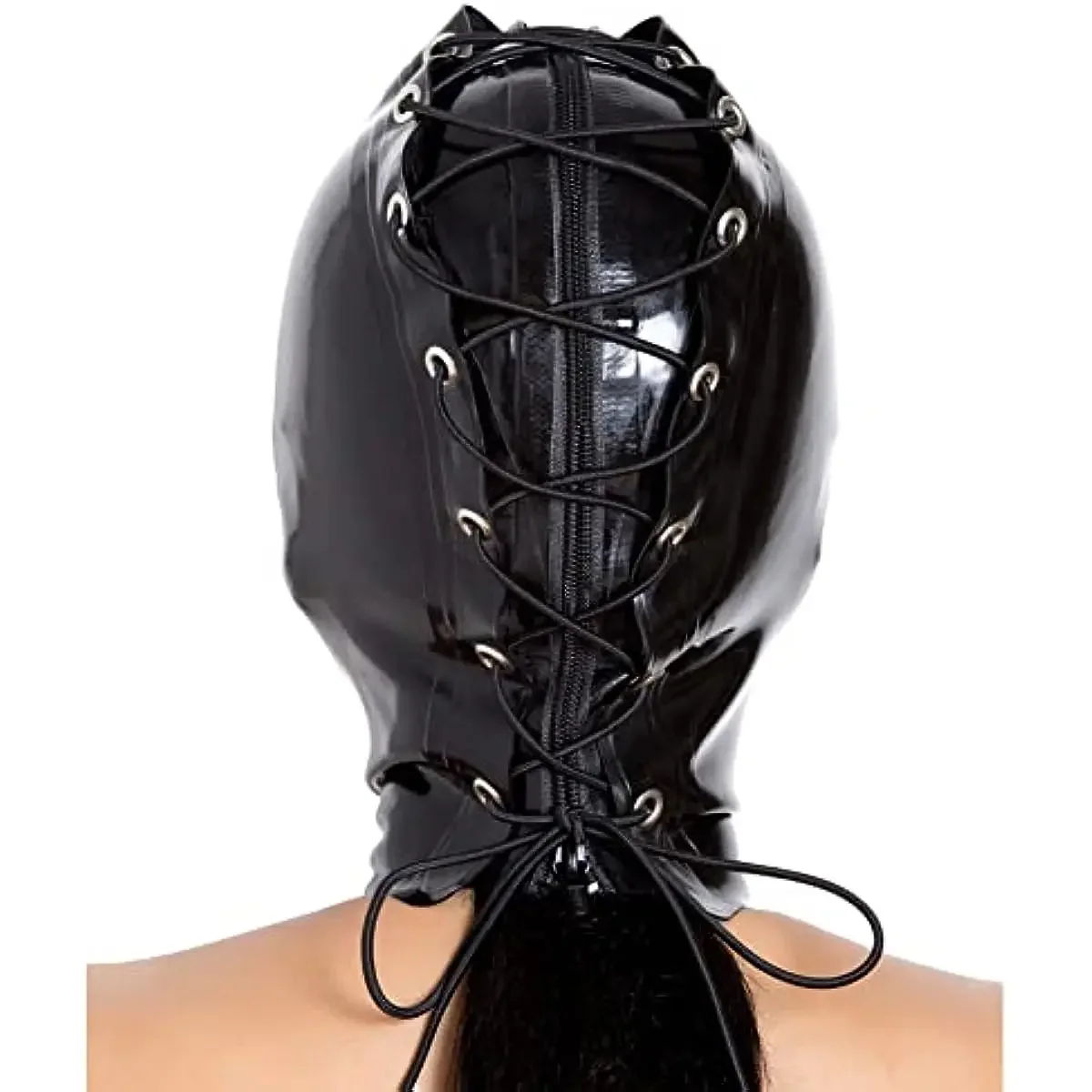 Latex Hood หน้ากากผู้หญิงหน้ากากใบหน้าเต็มรูปแบบสีดํา Lace up ยึด Party Latex Mask