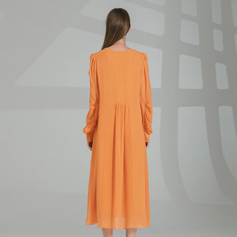 Love Orange Double Layer Georgisand Silk V-Neck Lantern Long Sleeve Loose Waist Lightweight Simple Dress AY215