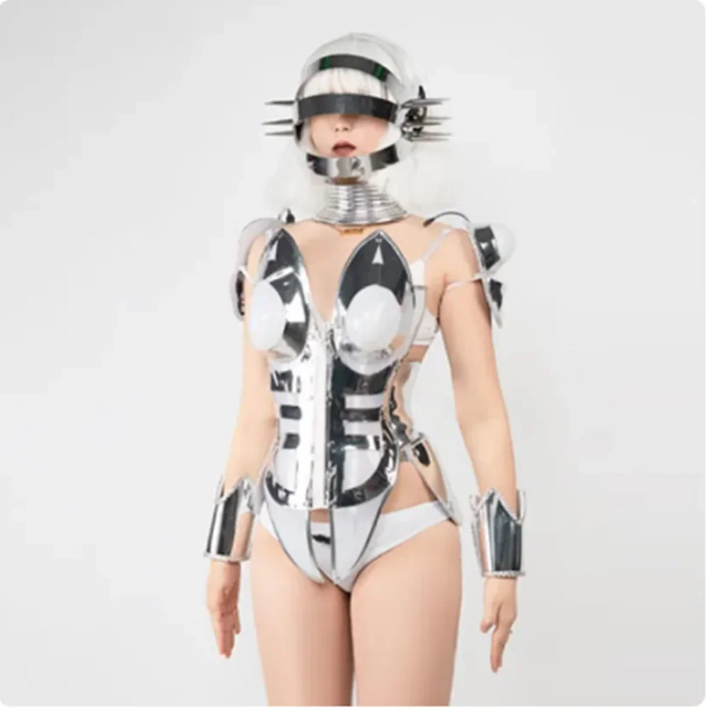 Punk Silver Armor Sexy Gogo Dance Costume Nightclub Dj Ds Clubwear Technology Sense helmet Party Rave Festival Clothing yj548