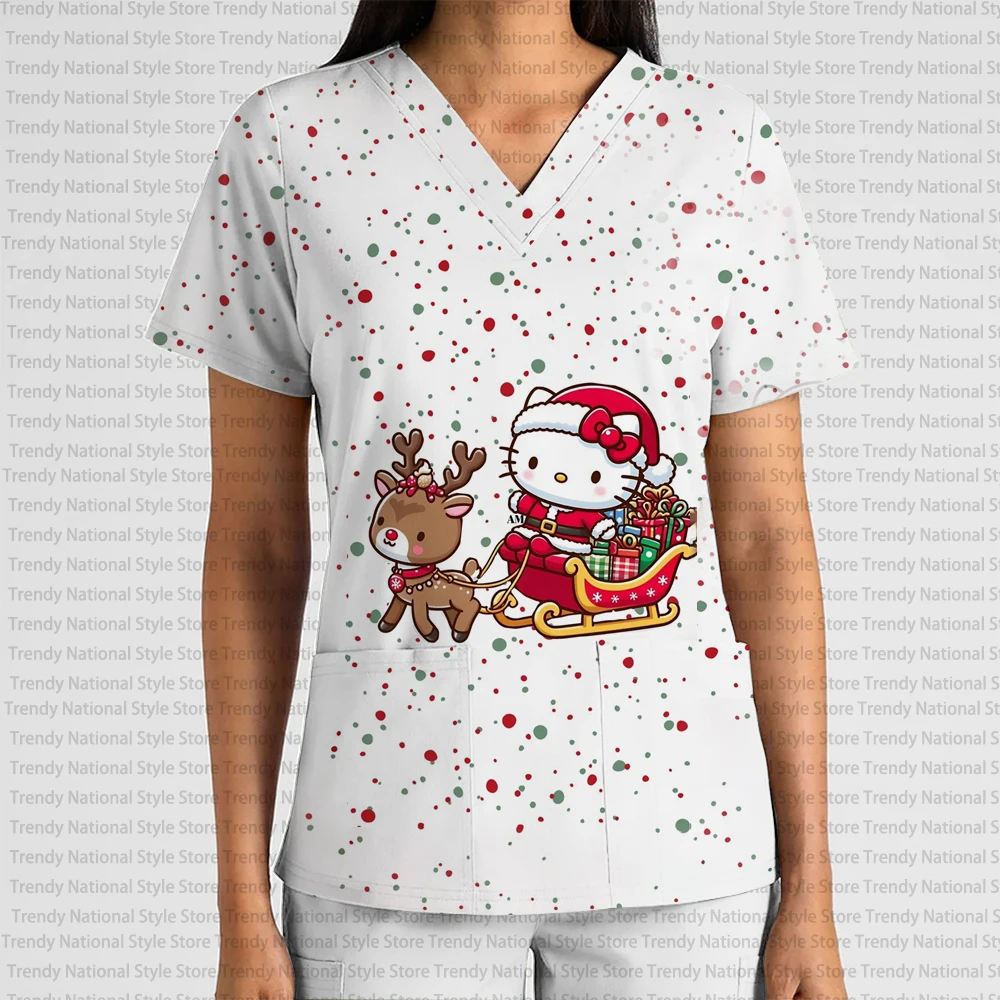 عيد الميلاد مرحبا كيتي الكرتون طباعة المرأة التمريض موحدة الخامس الرقبة قصيرة الأكمام جيب متجمد تي شيرت صالون تجميل موحدة