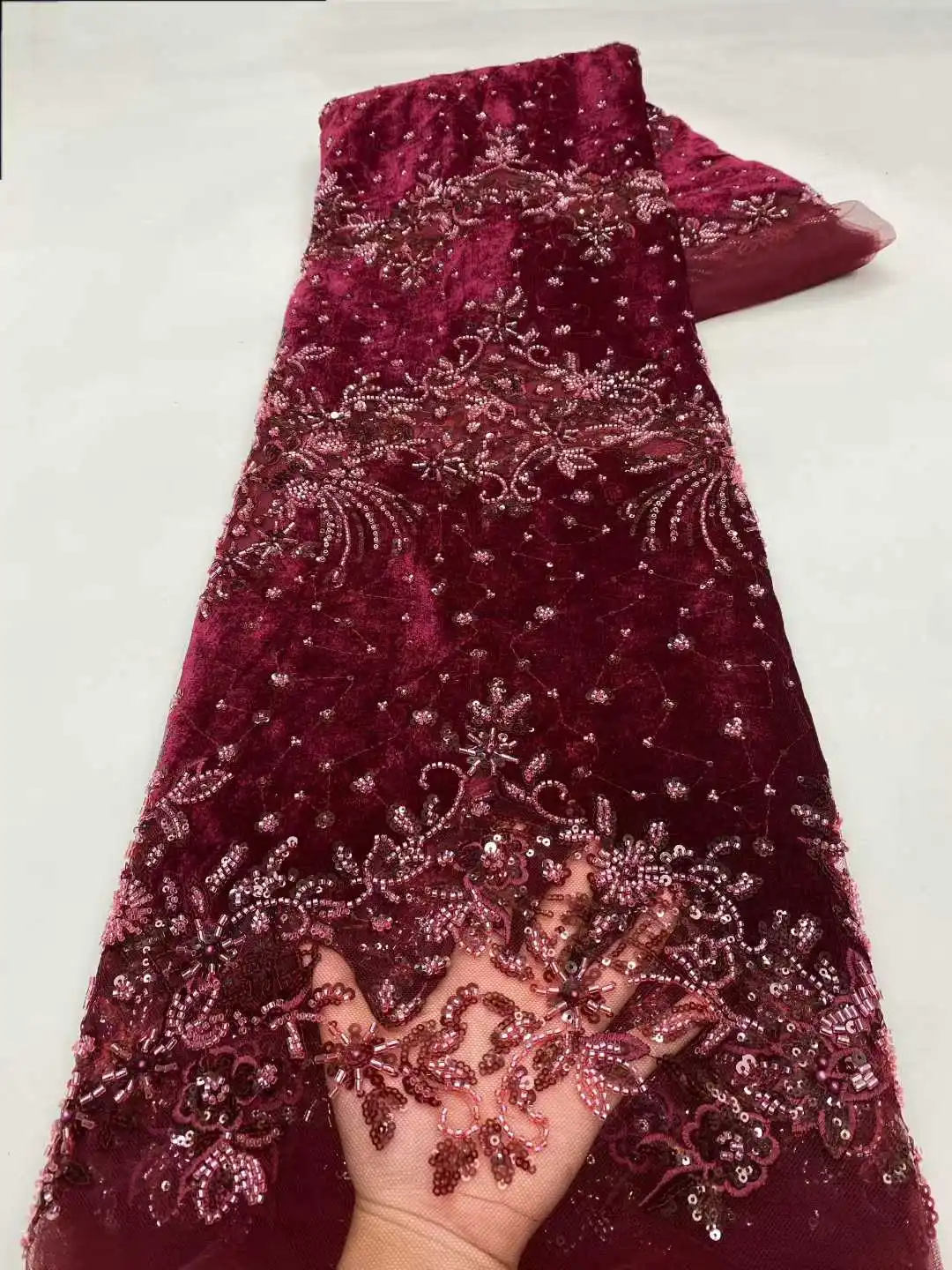 

African Lace Fabric 2026 Beaded Lace Fabric With Sequins Nigerian Bridal High Quality Embroidery Velvet Lace Fabric For Wedding