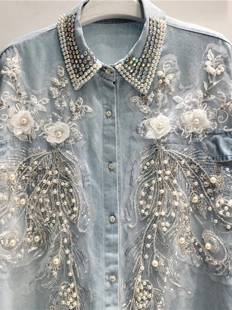 DEAT Trendy Women\'s Spliced Beading Sequins 3D Flower Denim Shirts 2024 Autumn Fashion Lapel Long Sleeve Blouse Female 29L8329