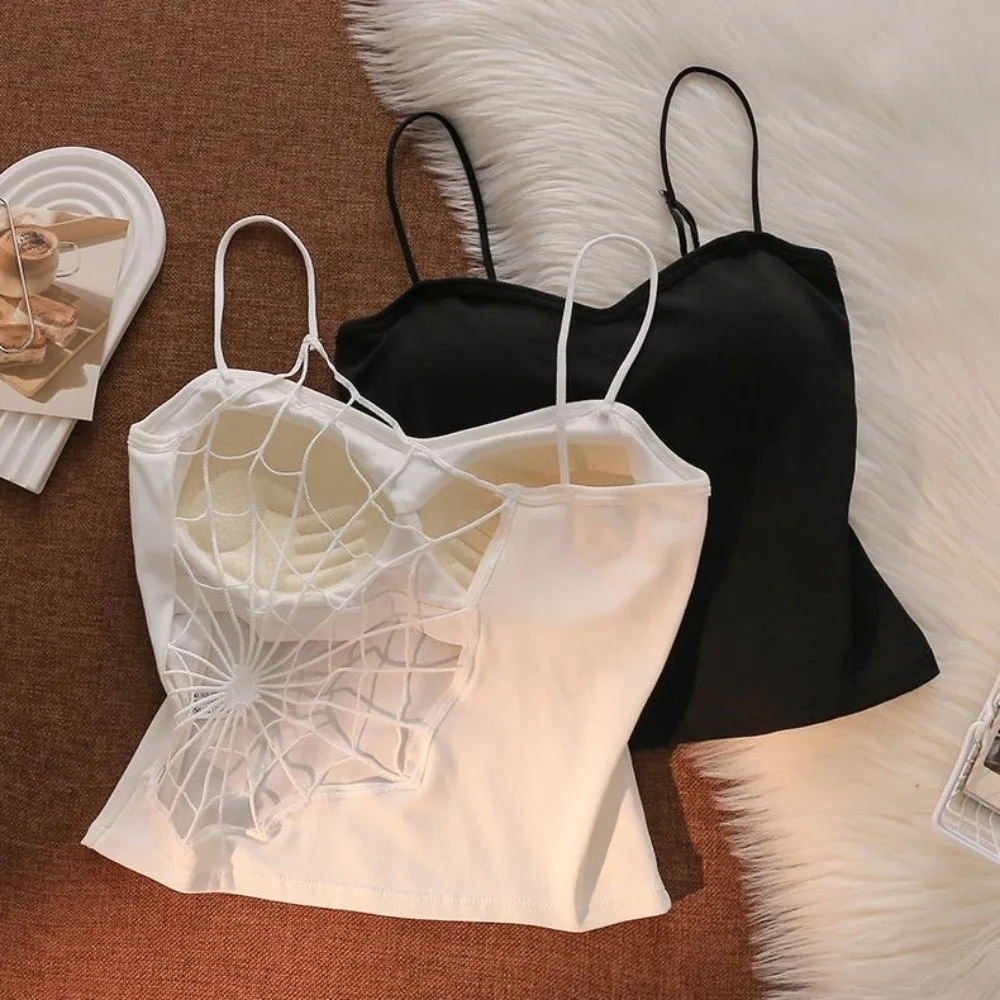 Casual Cotton Spider Web Crop Top Backless Slim Fit Camisole Top with Bra Pads Korean Style Hollow-out Vest Tops Beach Wear