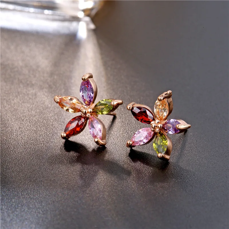 Women\'s Fashion Multicolor Zirconia Stud Earrings Colorful Rhinestone Prong Romantic Rose Gold Flower Earring Jewelry Best Gifts