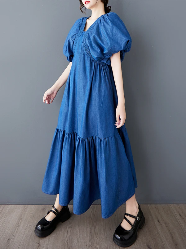 Vestido longo jeans estilo Hepburn da moda com mangas bufantes, decote em V, cintura solta, manga curta, peça única, novidade...