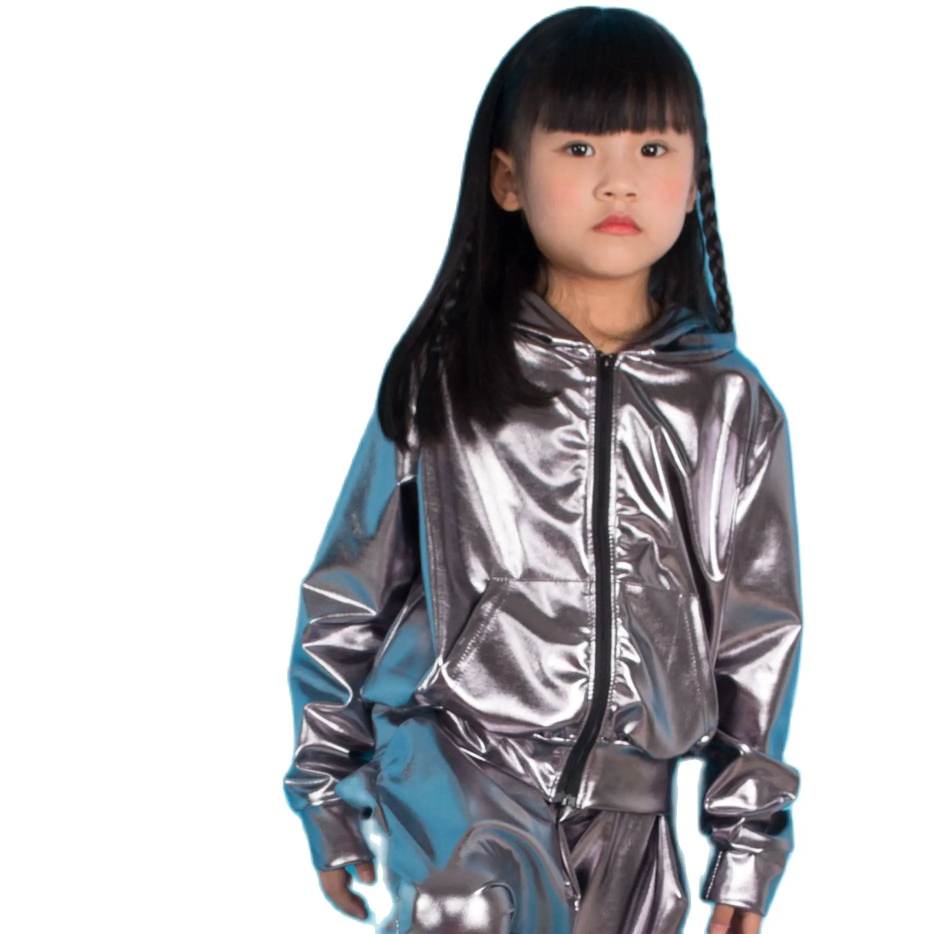 

2023 Fashion Spring Autumn Kids Bomber Jacket Stage Performance Wear Paillette Feminina Casaco Dark Silver Hip Hop Dance Coat