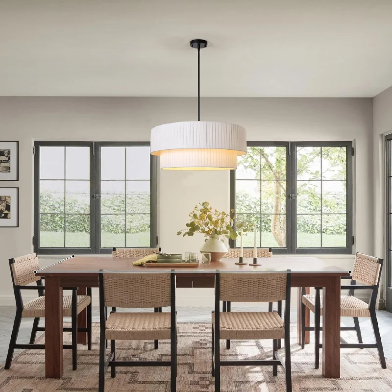 Modern Drum Chandelier Hand-pleated Fabric Pendant Light 2 Tier Semi Flush Mount Ceiling Hanging Lighting For Dining Room