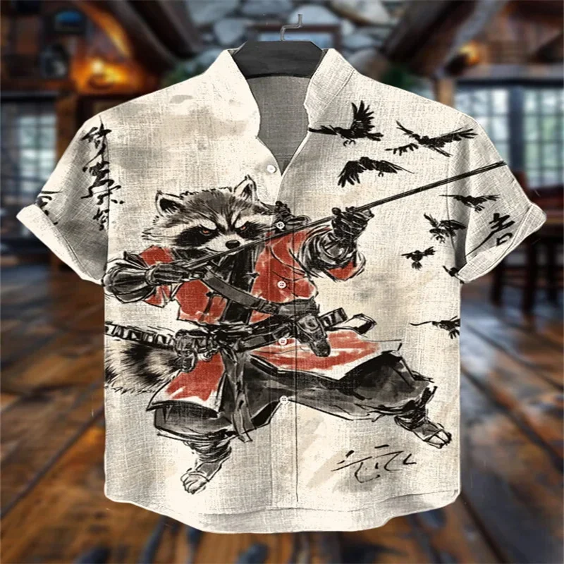 

Men's Raccoon Drinking Juice At The Beach Vacation Art Linen Blend Cozy Shirt Men's Raccoon Warrior Shooting Bird With Slingshot