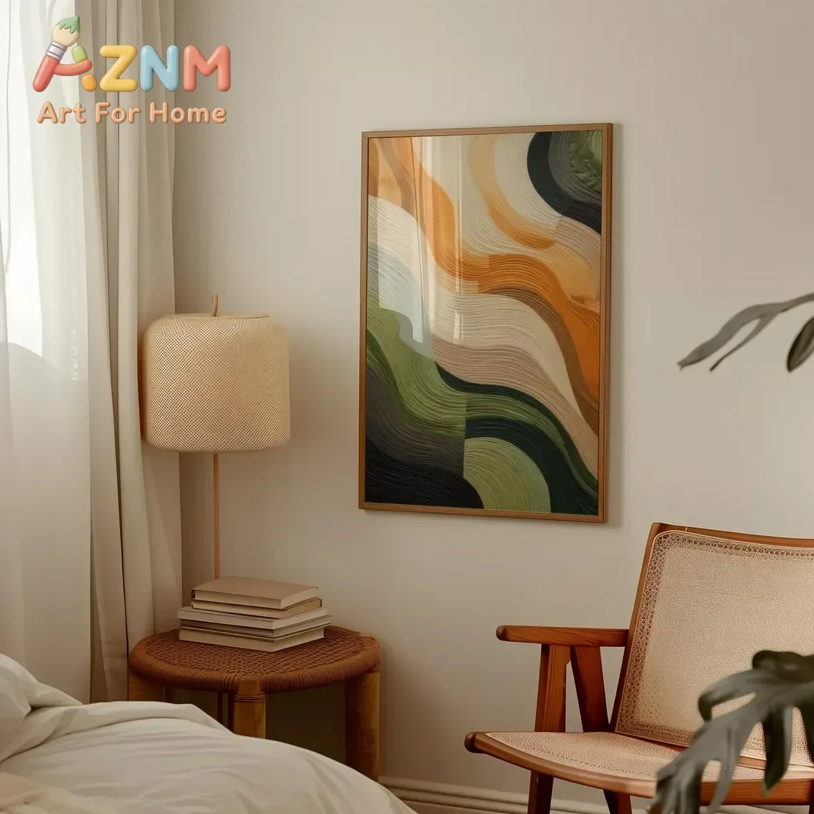 AZNM Mid‑Century Abstract Wave Canvas Wall Art Retro Green Orange Textured Curve Print Poster for Bedroom Living Room Home Wall