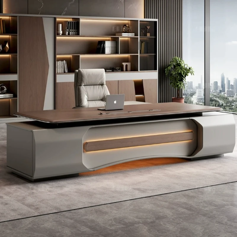 Italian Light‑Luxury LED Executive Desk Modern E0 Eco‑Friendly Boss Office Desk with Gold Trim for Chairman Director Workspace