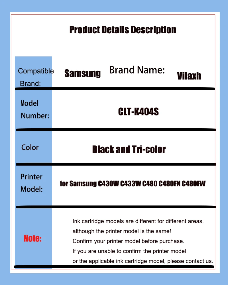 Vilaxh Compatible CLT-K404S CLT-M404S M404S clt-404s CLT-Y404S 404S toner cartridge for Samsung C430W C433W C480 C480FN C480FW