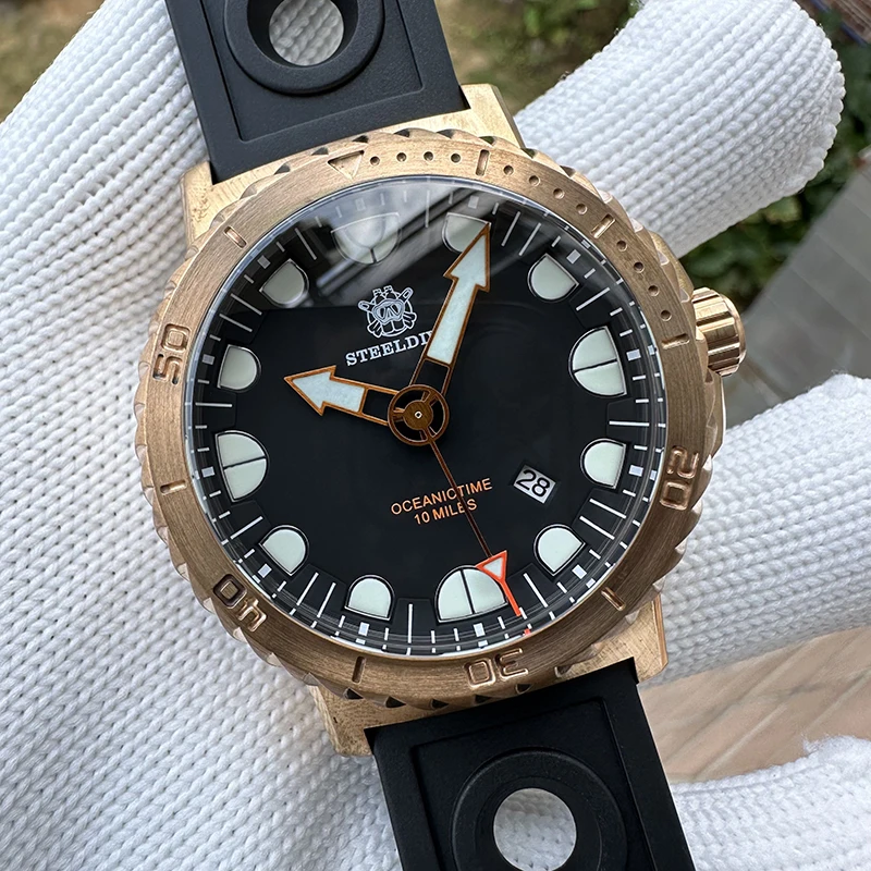 ساعة أوتوماتيكية للرجال من STEELDIVE 46.5 ملم CuSn8 ساعة يد ميكانيكية برونزية للغوص العميق 10000 متر مقاومة للماء BGW-9 ياقوت مضيء NH35