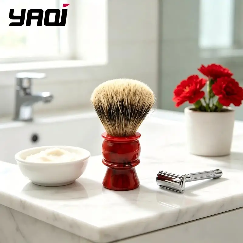 YAQI Shaving Brush for Men Soft Dense Bristles Red Resin Handle Unique Agate Pattern Wet Shaving Safety Razor