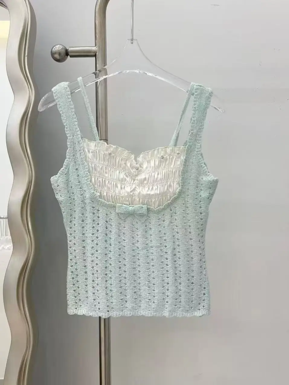 High-End European Style Lace Satin Patchwork  Knot Beaded Knitted Crop Top Women's Fashion Element Square Collar H-S...