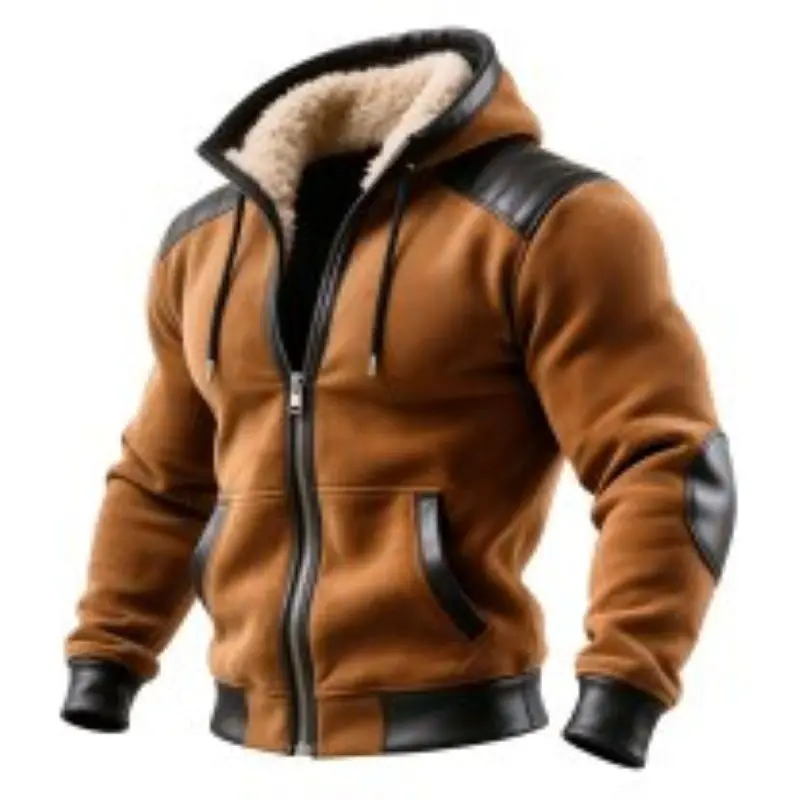 Chaqueta con capucha cálida de forro polar de retales de cuero y ante vintage para hombre