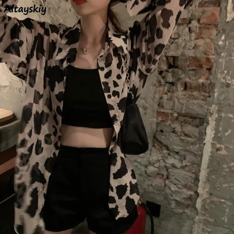 빈티지 블라우스 여성용 레오파드 하라주쿠 여름 자외선 차단 통기성 좋은 루즈핏 탑 우아한 울짱 스트리트웨어 레저 인