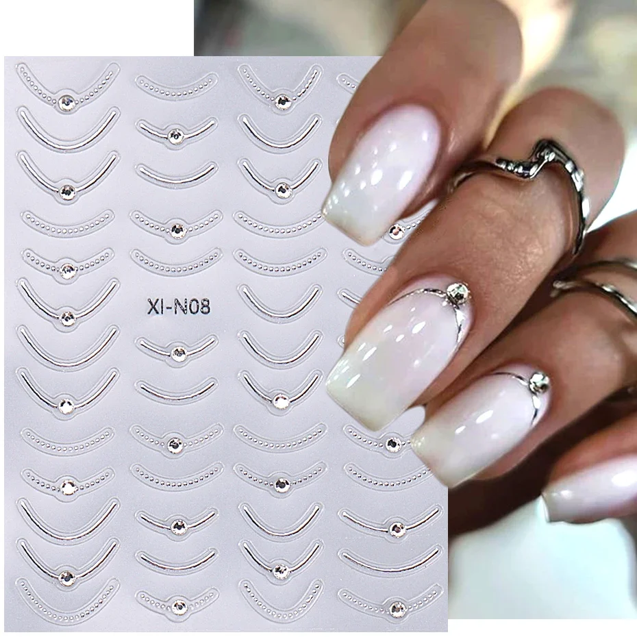 3D Metallic French Stripe Line Nail Sticker Crystal Rhinestone Gold Silver Smile Line Simple Slider DIY Manicure Art Accessories