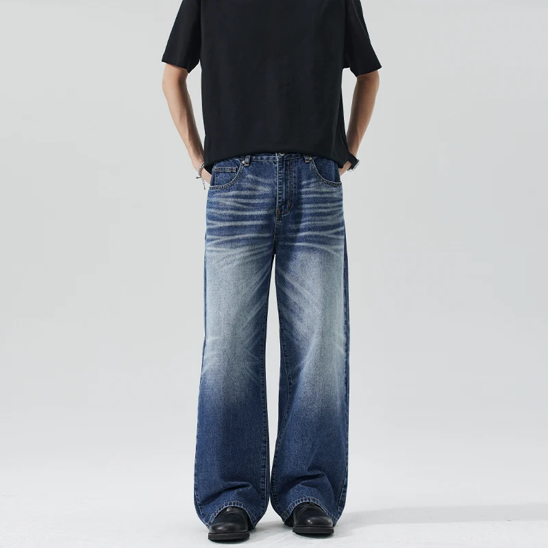 

Men's Jeans Dark Blue Moustache Effect Washed Distressed Denim Long Pants 2026 New Versatile Loose Casual Trousers