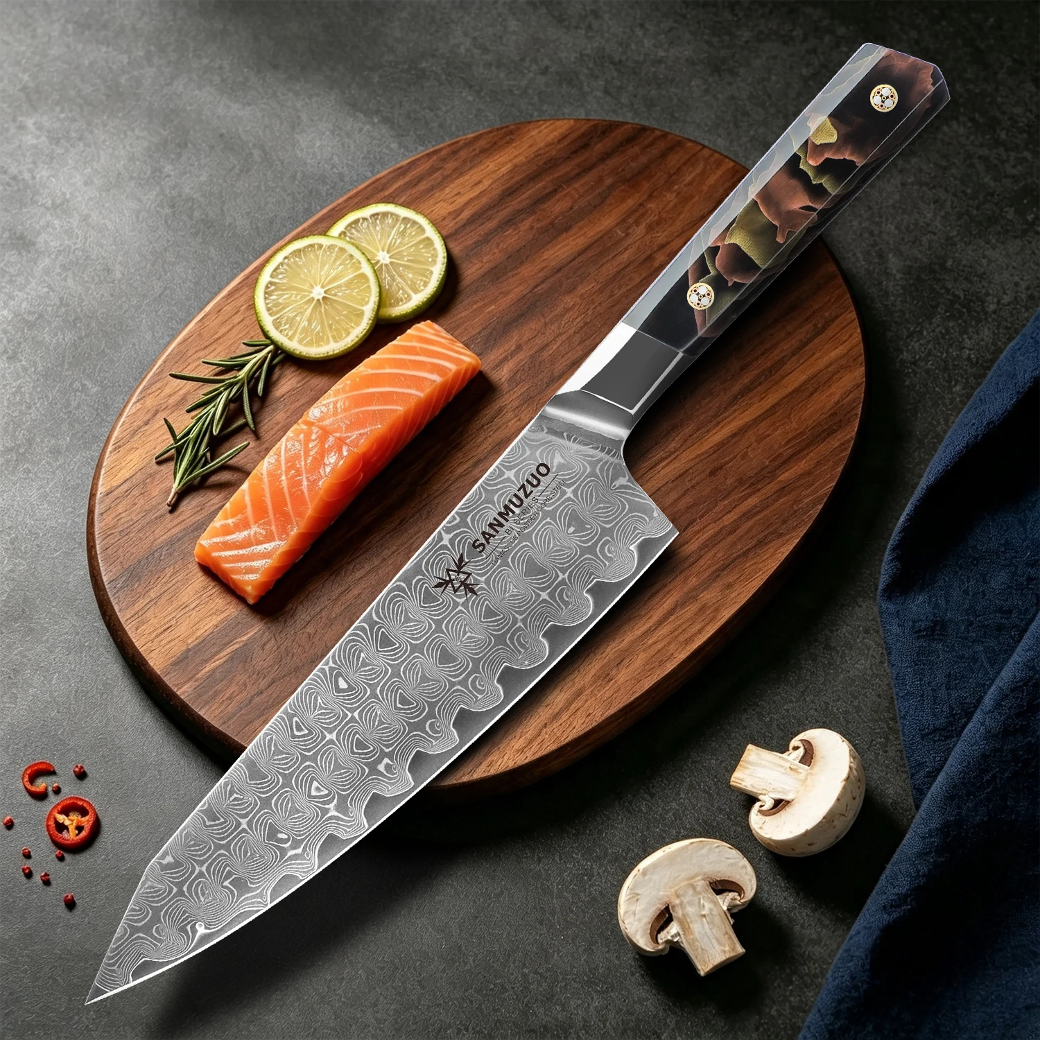 SANMUZUO BI Series 8 Inch Chef Knife - 101‑Layer Damascus Powder Steel Kitchen Knife with Resin Handle - Ultra Sharp Cooking Knife for Chef Gift