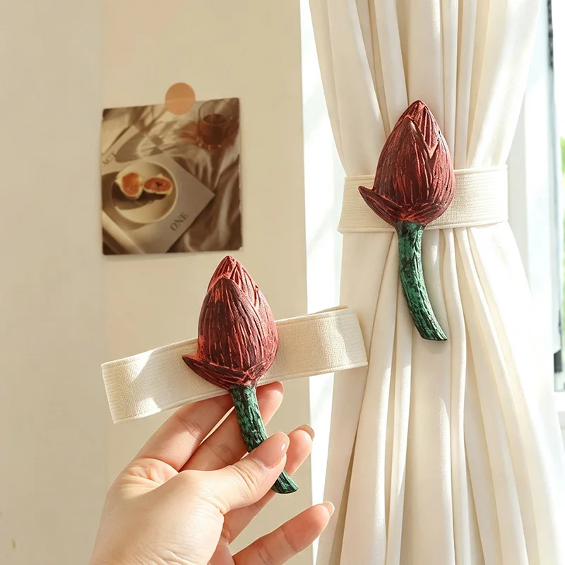 Vintage Resin Lotus Bud Curtain Tie Back Chinese Flower Drape Holder with Elastic Strap for Living Room Bedroom Home Decor Gift